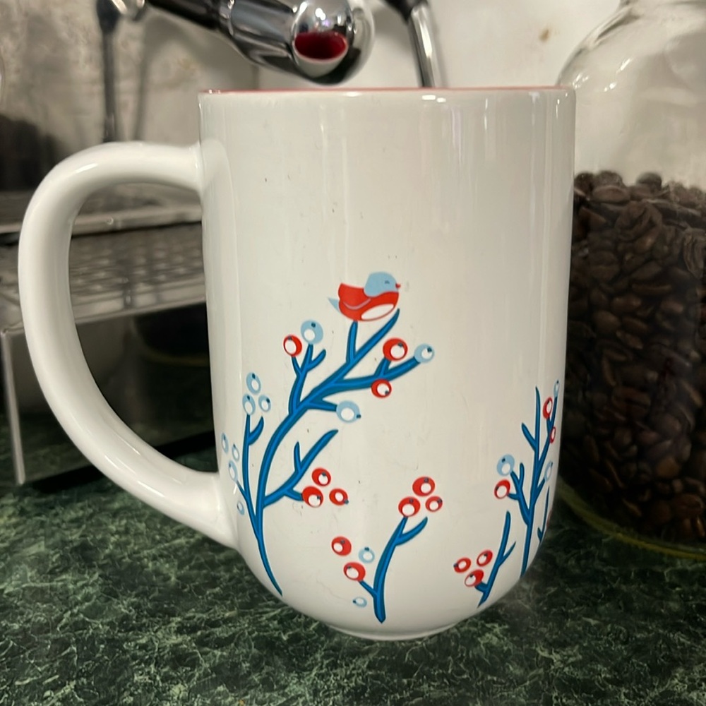 David’s Tea Blue, red bird on branch coffee mug